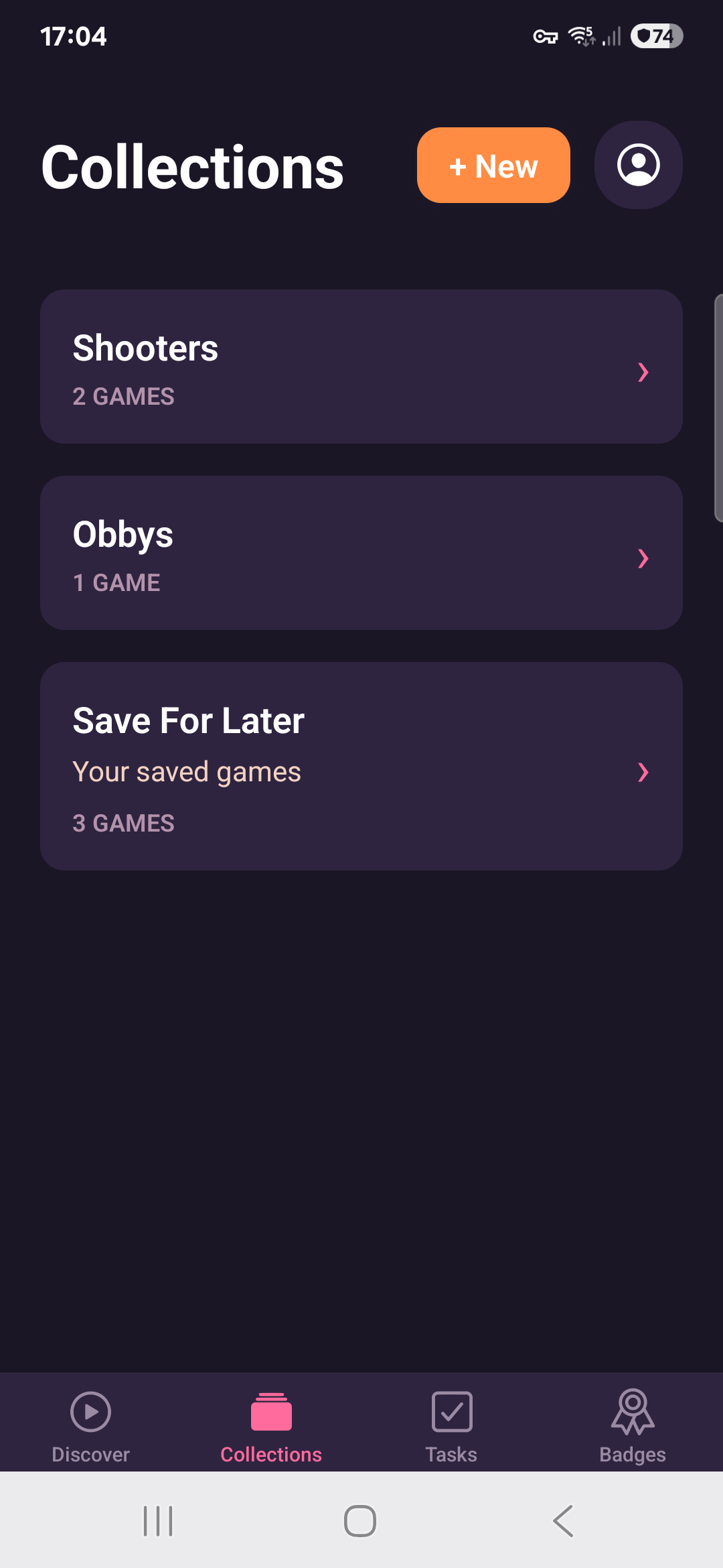 Collections screen showing Shooters, Obbys, and Save For Later game lists