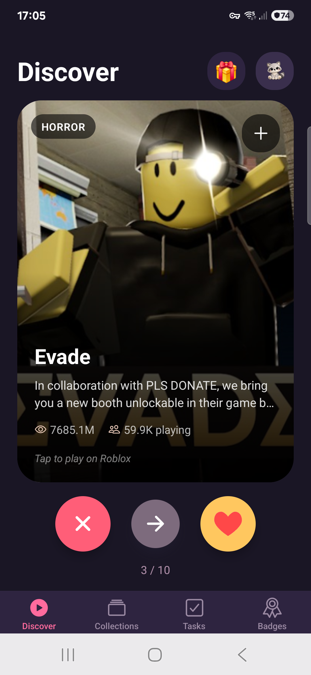 Discover screen showing Roblox game cards with play counts and genre tags