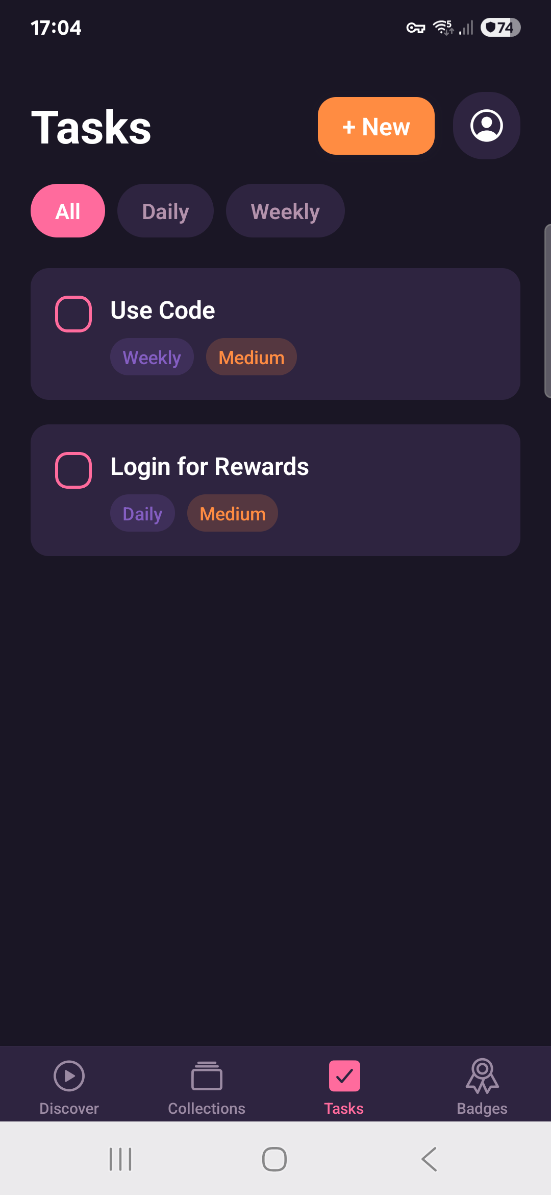 Tasks screen showing daily and weekly Roblox challenges