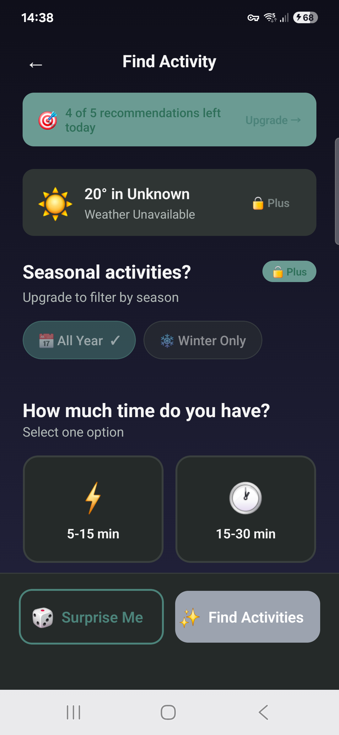 Find an activity by time and weather
